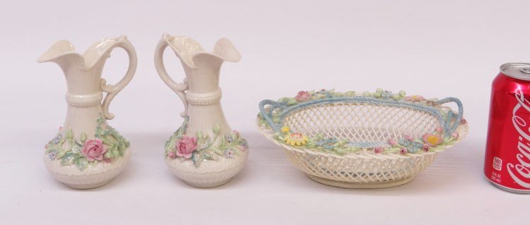 Irish Belleek: Lot three pieces Irish Belleek including basket and two pitchers.