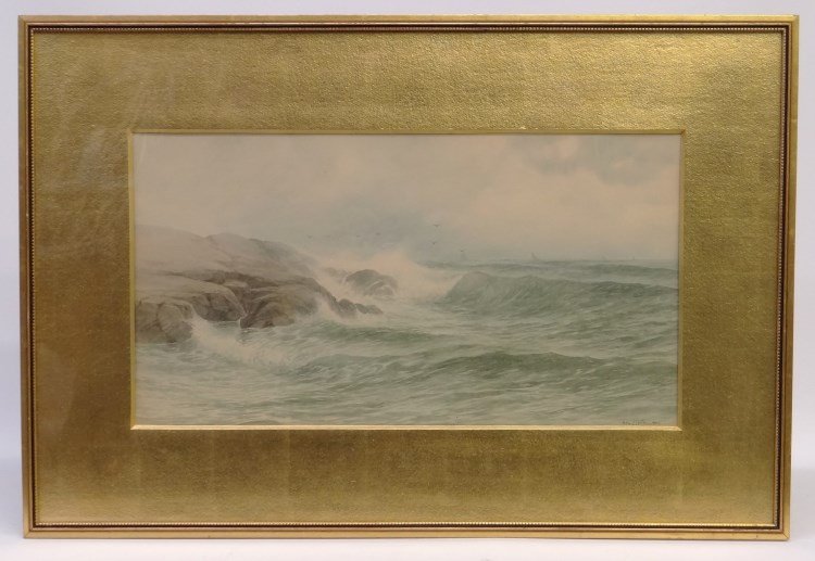 Watercolor George Howell Gay: 19th c. watercolor seascape signed LRC Geo. Howell Gay" (N.Y. 1858-1931). Sight 12" x 21 1/2"."