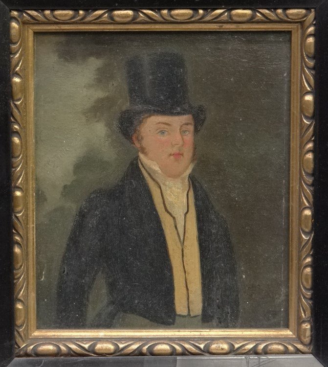 Painting Continental School: 19th c. Continental oil on artist board portrait of a gentleman. Sight 7 x 6"."