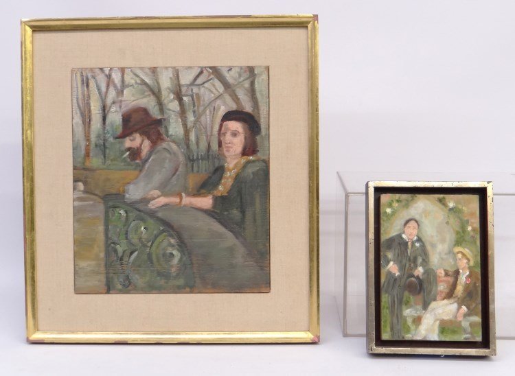 Paintings Sara Chermateff: Painting oil on panel titled 3 Oscar & Bosie", signed verso, dated 1995. Sight 8" x 5 1/2" and untitled dated 1993 verso (sight 13" x 11 1/2")."
