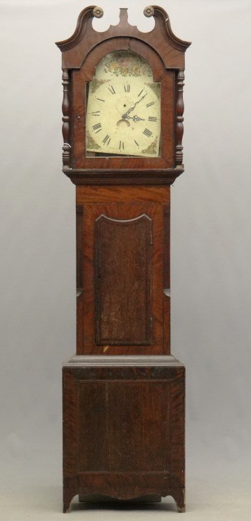 Tall Case Clock: 19th c. tall case clock, probably English or Scottish. Mahogany and oak ceneers. 7' 10 Ht."