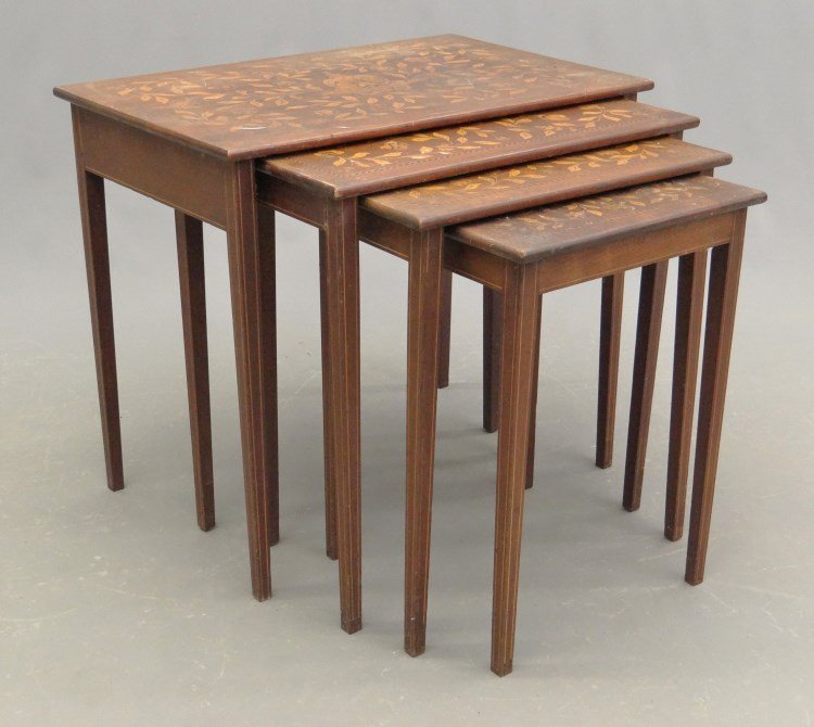 Nesting Table Set: Set of inlaid nesting tables. Table top 29 1/2 W. x 19 1/4" D. x 26" Ht."