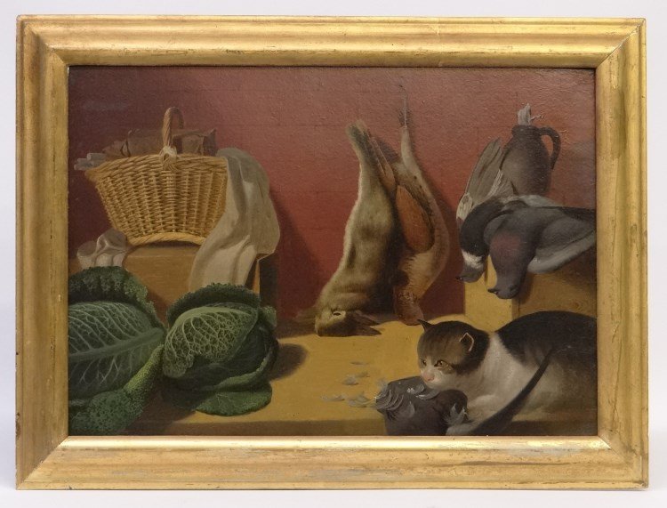 Painting Cats: C. 1900's oil on artist board cat with game and vegetables. Sight 15 x 21 1//2"."
