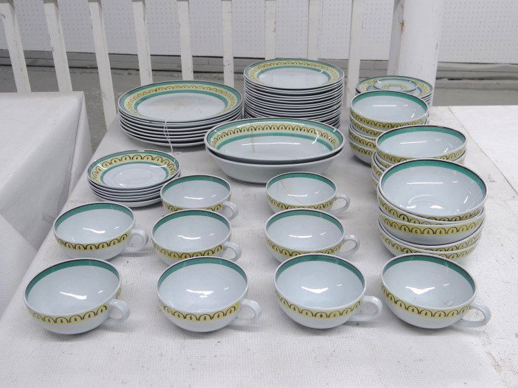 Arabia Dinnerware Set: Set of Arabia Crown Band" dinnerware including (8) 9 1/2" plates, (20) 7 1/2" plates, (15) 5 3/4" plates, (2) 9" x ^ 3/4" bowls, (9) tea cups, (6) saucers, (15) 5" bowls, (2) 3 1/4" butter pats. Some