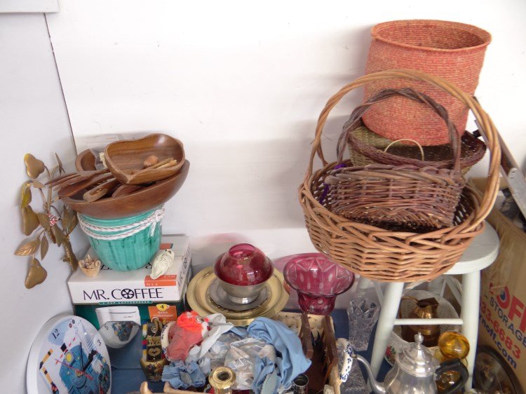 Misc. Lot: Misc. table lot including baskets, early lemontop firetool, metalware, porcelains, stool etc.