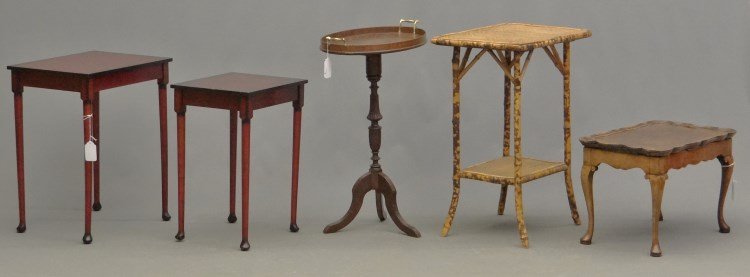 Lot of Stands: Lot of five misc. stands including tray top burlwood (21 x 13 1/2" x 15"), along with tray top table (18 1/2" x 13 1/2" x 28"), two contemporary tables and bamboo side table."