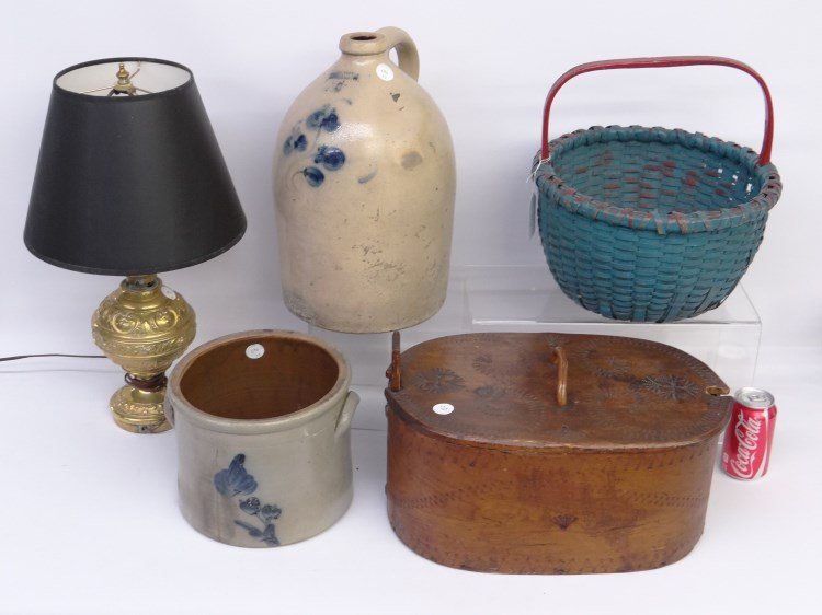 Primitive Lot: Lot including early basket in old blue paint, Scandinavian carved brides box (as found), brass oil lamp (as found), stoneware crock (as found), 19th c. Norton Bennington 3 gallon decorated crock.