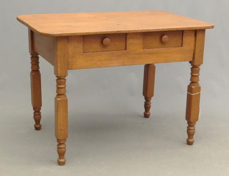 19th c. Work Table: 19th c. two drawer primitive N.Y. leg work table. 42x 26" x 30"."