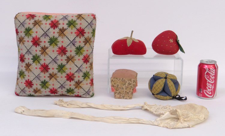 Misc. Lot: Misc. including pin cushions, Victorian beaded pillow, crocheted baby bonnet.