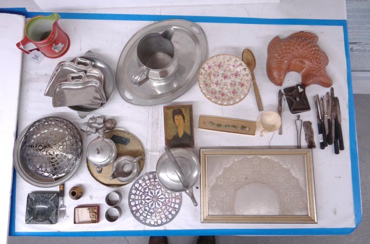 Misc. Lot: Misc. lot including copper mold, flatware, Bavarian pitcher, porcelain compote, brass tongs, cookie molds, framed lace collar, covered box, pewter etc.