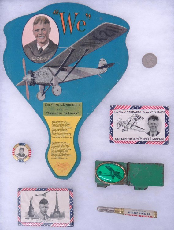 Charles Lindbergh Lot: C. 1927 Charles Lindbergh Lindy" lot including three womens pocket mirrors, fan etc."