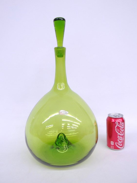 Mid Century Blenko Decanter: Mid Century foil labeled Blenko" 18" Ht. decanter."