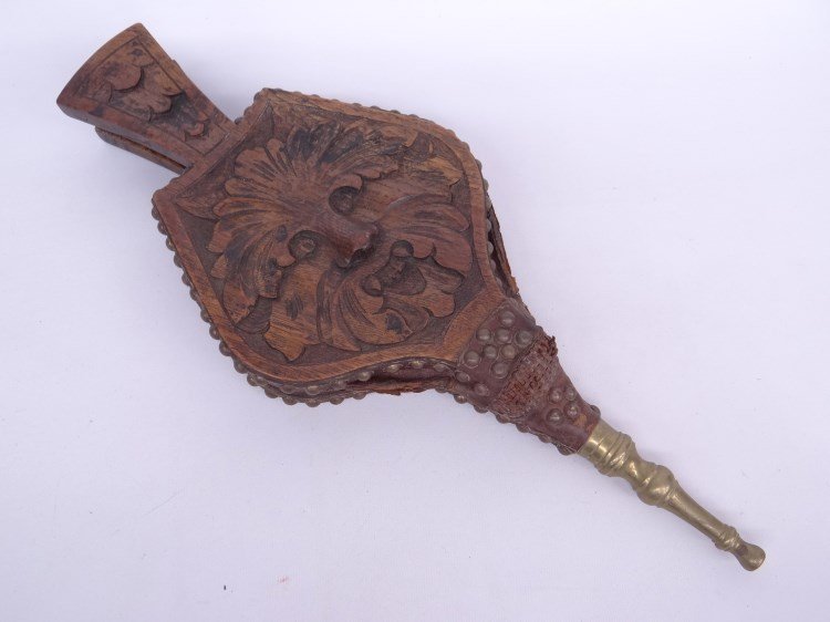 Bellows: Pair wooden and brass carved bellows.