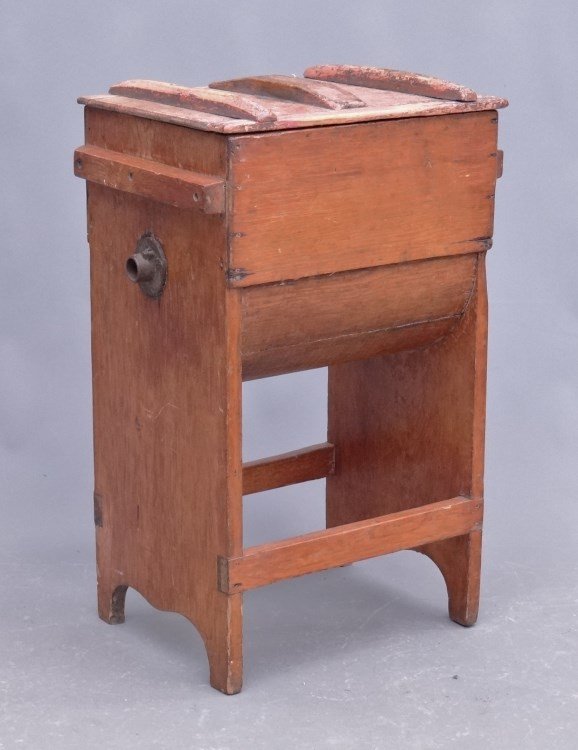 Butter Churn: 19th c. butter churn lid showing traces of salmon paint. 27 Ht."