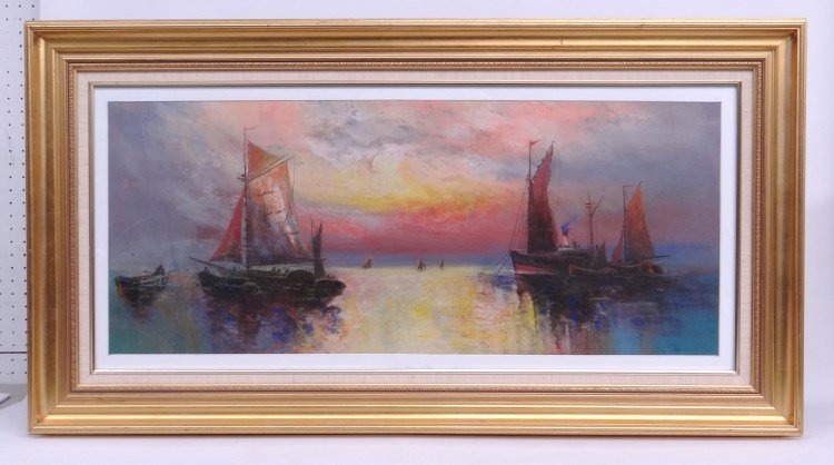 Pastel William Henry Chandler: Pastel harbor sunset with ships and figures signed LRC Chandler" (William Henry Chandler N.Y./N.J. 1854-1928). Has tear. Sight 15 1/2" x 37 1/2"."