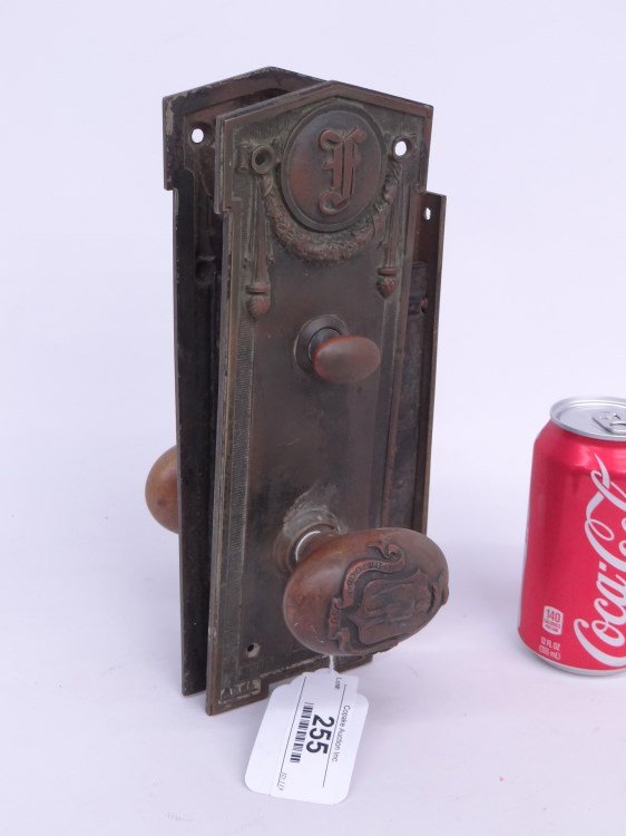 Door Hardware: C. 1900's bronze door hardwares with monogram initial on plate, knob marked Ense Petit Placidam Sub Libertate Quietem"."
