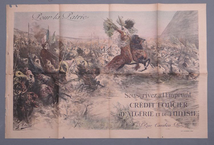 European World War I Poster: European World War I Poster Pour la Patrie....Souserivez a l, Emprunt Credit Foncier D' Algierie Et De Tunisie, 43 Rue Cambon Paris", marked LLC "G. Clairin". 31 1/3" x 47 1/4"."