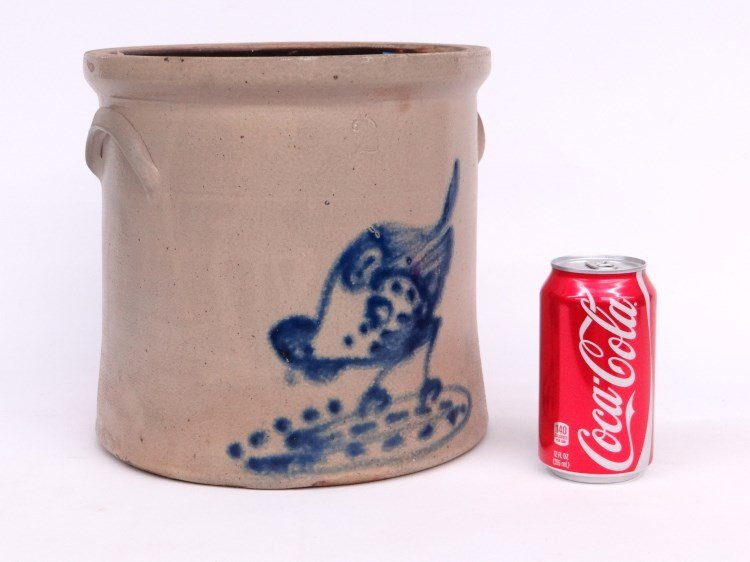 19th c. Stoneware Crock: 19th c. stoneware crock with chicken pecking corn. 9 1/2 diameter, 9 1/2" Ht., imperfections."