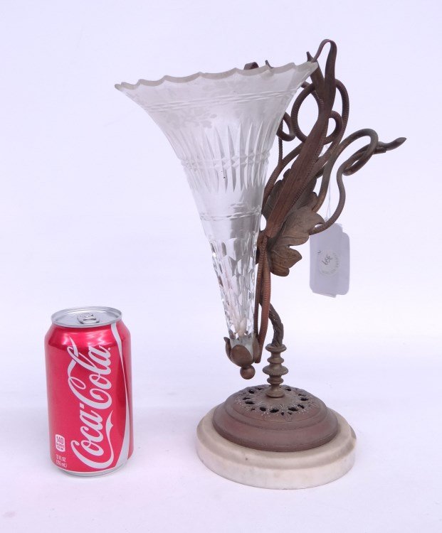 Epergne: C. 1900's cut crystal and wrought iron epergne on marble base. 12 3/4 Ht."