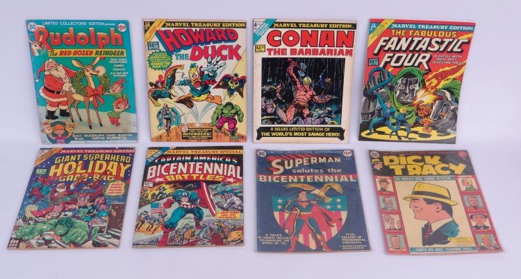 Comic Book Lot: Lot eight various large size comics including Captain America's Bicentennial Battles", "Superman Salutes the Bicentennial", "Dick Tracy", "Rudolph...", "Conan", "The Fabulous Four", "Howard The Duck",