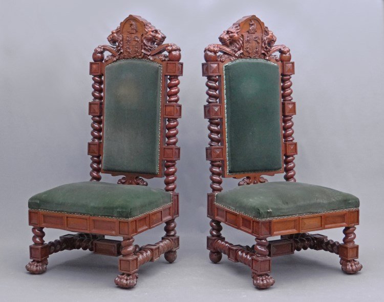 Pair Masonic Chairs: Pair heavily carved 19th c. Victorian Masonic chair from Shekomeko Lodge #458 in Pleasant Valley, New York. 19 seat Ht., 66" overall Ht."