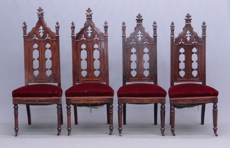 Masonic Chairs: Set of four 19th c. Victorian Gothic Masonic chair from Shekomeko Lodge #458 in Pleasant Valley, New York. 19 seat Ht., 51" overall Ht."