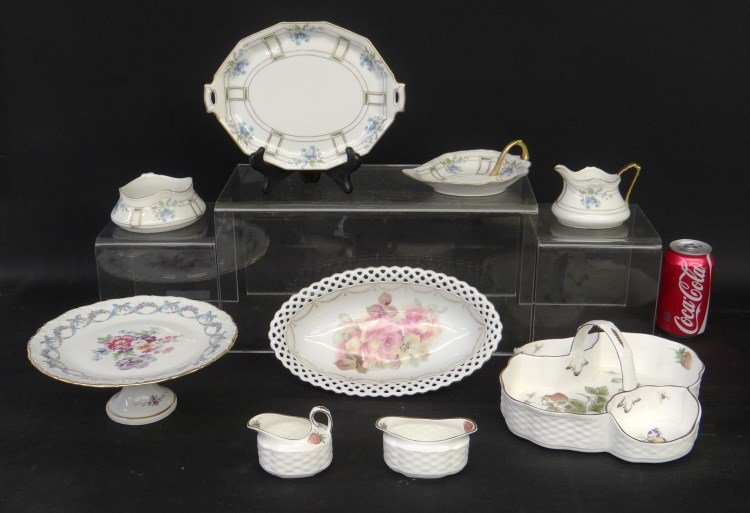 Porcelain Lot: Lot including 11 reticulated Bavarian dish, three pc. Coalport "Strawberry" pattern set, four pc. Limoges set and limoges tazza (9" Diameter 4" Ht.)."