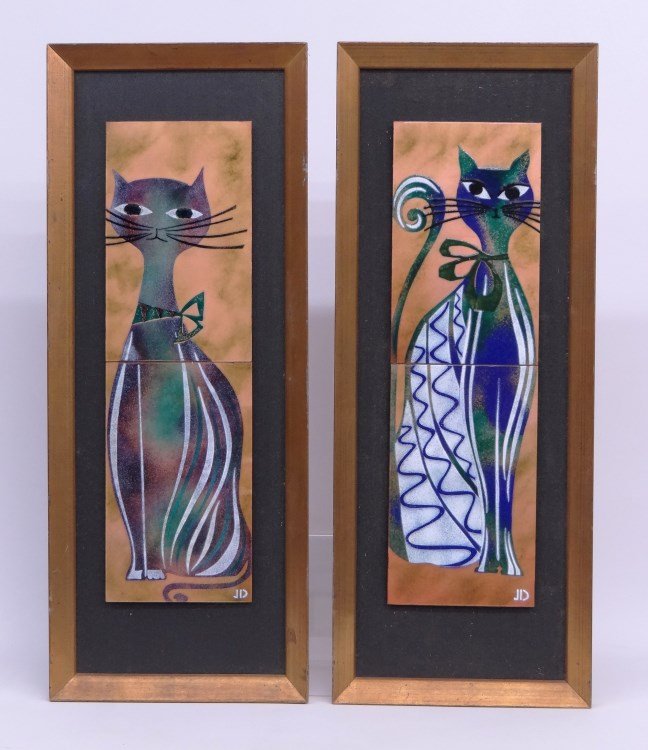 Lot (2) Mid Century Cat Enamels: Lot (2) Mid Century enamel on copper plates dipicting cats initialled JD"."