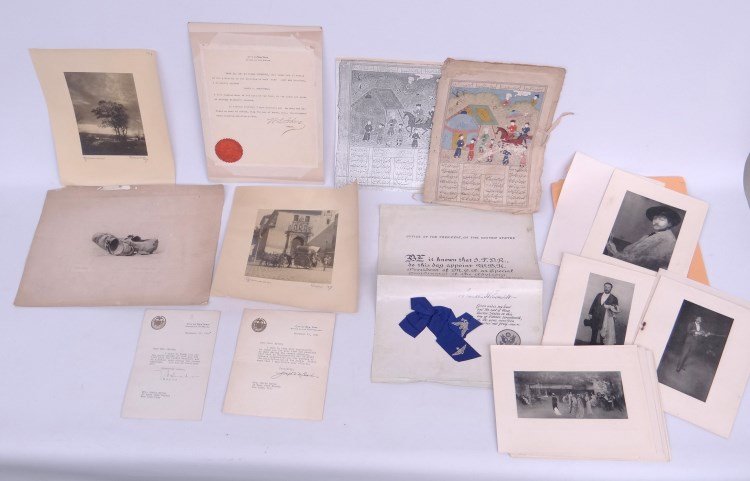 Ephemera Lot: Ephemera lot including 1940's New York City politician autographs, James McNeill Whistler prints, and Emil (Soren Emil) Carlsen etching.