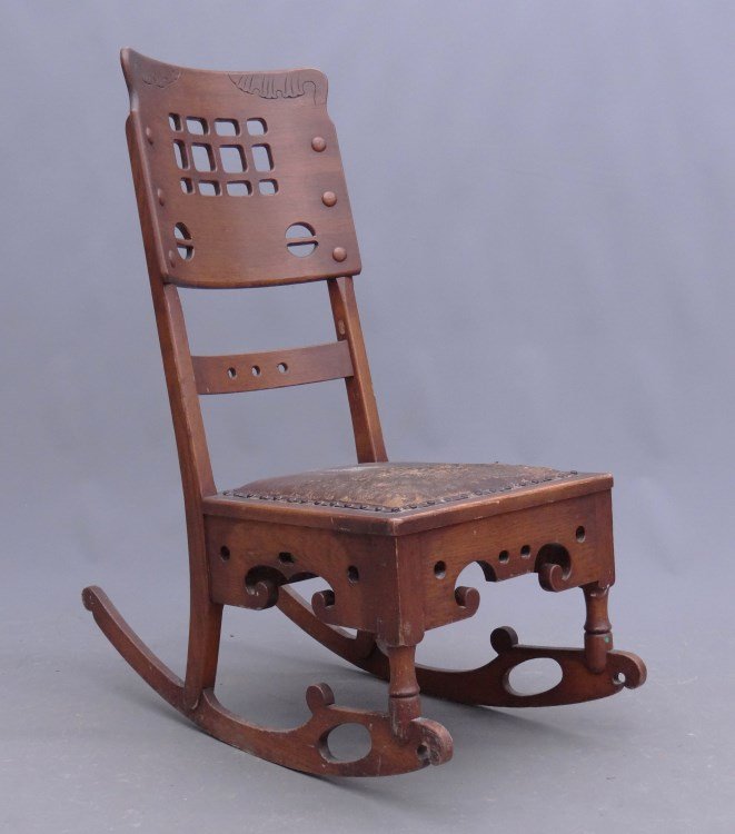 Arts And Crafts Rocking Chair: Oak Arts And Crafts rocking chair labeled Manufactured By The London Furniture Manufacturing Co. London Ontario. 16" seat Ht., 39" overall Ht."