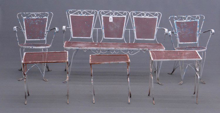 Patio Set: Three piece wrought iron patio set in worn white paint, along with three nesting tables.
