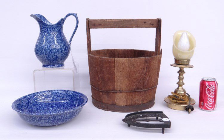 Misc. Lot: Misc. lot including lamp, pitcher and bowl, trivet and bucket.