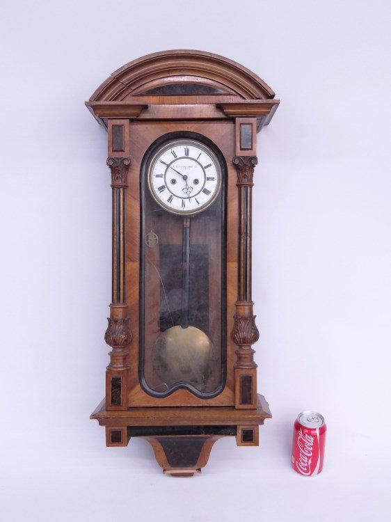 German Regulator Clock: Victorian German Regulator clock face marked A. Bodingbaur Salzburg". Some damage at base, moldings need reattaching. 34" Ht., comes with two weights."