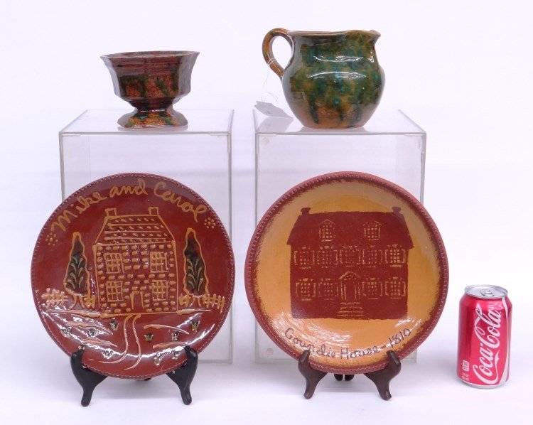 Foltz Redware Lot: Lot four pieces signed Foltz (Reinholds, Penna.) redware including pitcher, covered dish (as found) and two plates.