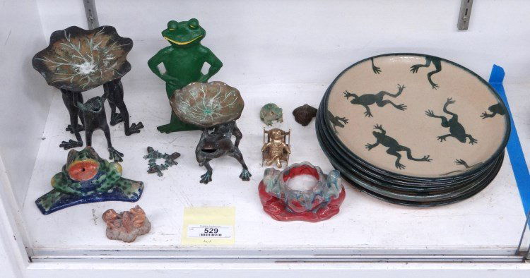 Frog Lot: Misc. frog related lot including six plates marked Monroe Salt Works Maine", figurines, pottery etc."
