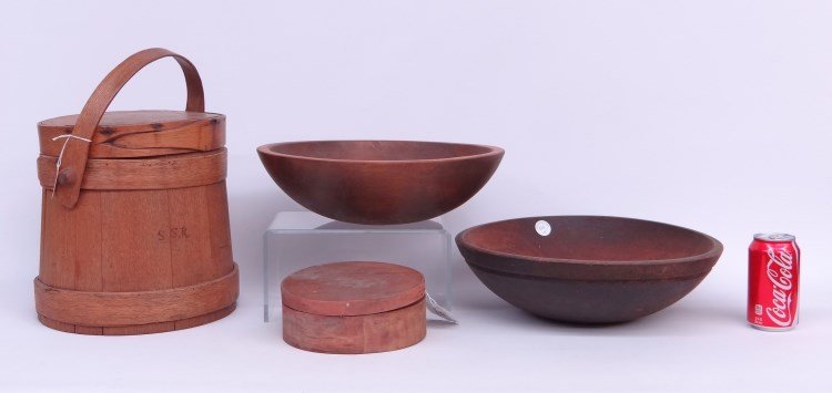 Primitive Lot: Primitive lot including two wooden bowls, pantry box and firkin.