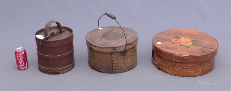 Misc. Lot: Misc. lot including 19th c. firkin, 19th c. staved firkin, pantry box.
