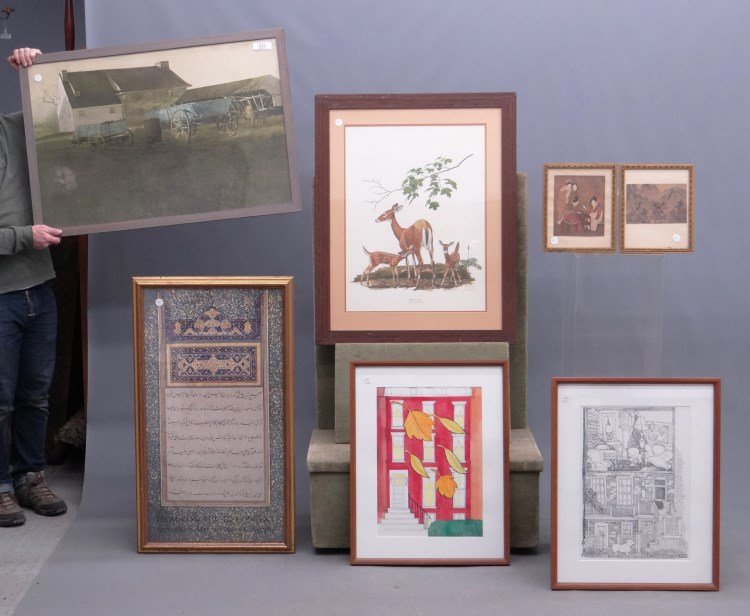 Frame Lot: Frame lot including Islamic motif (38 x 21 1/2"), deer (Ray Harm), 35 1/2" x 28 1/4", farm scene, 26" x 38", watercolor autumn leaves, 27" x 21", house with dogs, 26 1/2" x 21" and two Asian prints, 1