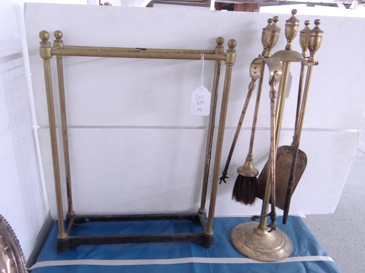 Firetool Lot: Brass umbrella rack and fireplace tools.