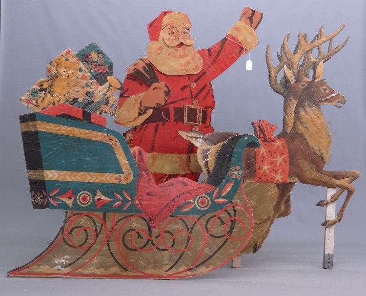 Christmas Display: Large flat wooden Christmas display featuring Santa, sled and reindeer. Santa 29 W, 70" Ht., reindeer 53" W, 69" Ht., sled 67" W, 61 1/2" Ht."