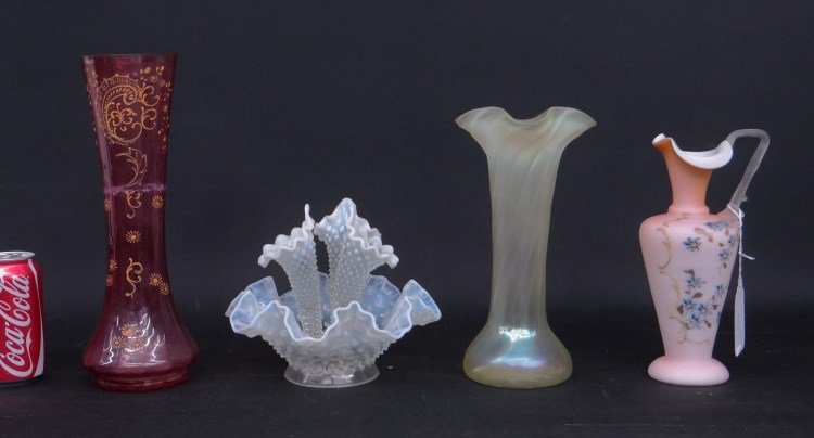 Glass Lot: Glass lot four pieces including hobnail epergne with removable vases, peach blow pitcher, hand painted cranberry vase, vaseline vase.