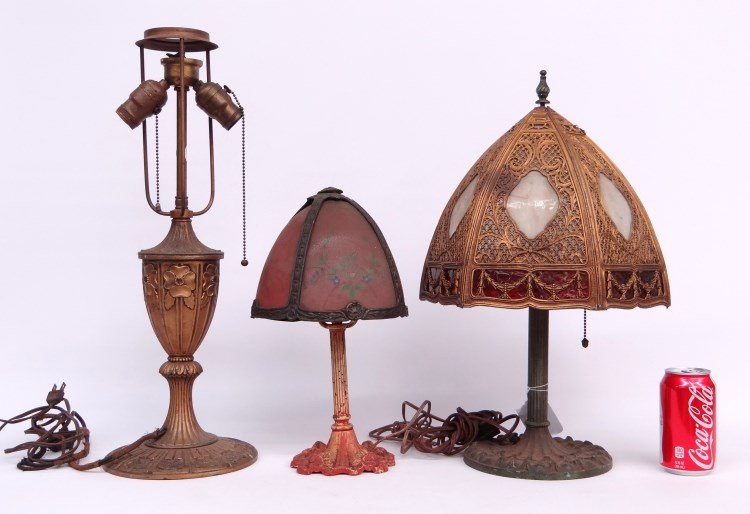 Lamp Lot: Lot three C. 1900's table lamps including signed Miller" with slag glass shade. As found."