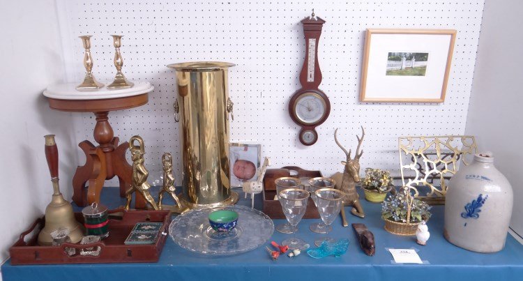 Misc. Lot: Misc. lot including marble top table, watercolor by Willam G. Gilroy, brass book stand, brass umbrella can, stoneware jug (E & LP Norton Bennington), pair 19th c. candlesticks, (2) brass doorstops, ba