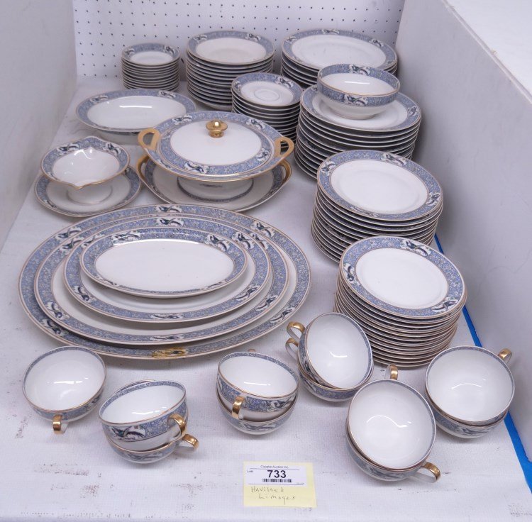 Limoges Dinner Set: Theodore Haviland Limoges (France) Rani" patern dinner set including (12) 9 3/4" plates, (12) 8 1/2" plates, (12) 7 1/2" plates, (12) 6 1/4" plates, (12) 7 1/2" soups, (12) 5" bowls, platters, vegetab