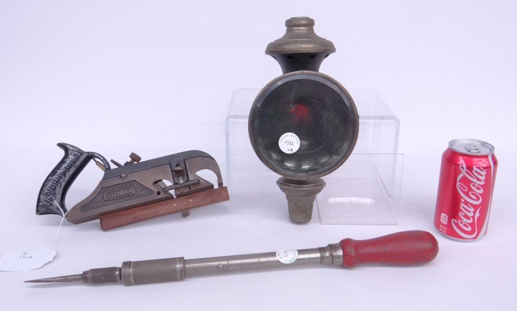 Misc. Lot: Misc. lot including early car lamp and Stanley plane, Millers Falls screwdriver.