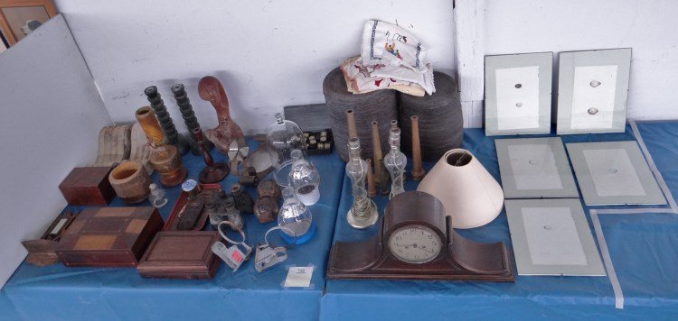 Misc. Lot: Misc. lot including pair corbels, Shaker box, inlaid box, wooden candlesticks, Adirondack art, fire extinguishers, pair whale oil mercury glass lamps (electrified), prints, two Asian baskets, dominoes