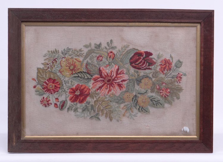 Framed Needlepoint: Framed floral needlepoint in Victorian frame. Sight 20 1/4 x 29"."