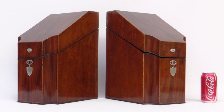 Mahogany Knife Boxes: Pair of 19th c. Georgian inlaid mahogany knife boxes. 9" x 12" x 15 1/4"Ht.