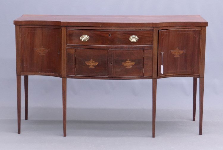19th c. Inlaid Hepplewhite Server: C. 1810 Massachusetts Hepplewhite inlaid serpentine server, having line and urn inlay. 5' 2 1/2" W. x 23" D. x 38 3/4" Ht.