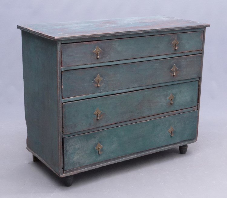 18th c. Chest Drawers Signed "Auburn": 18th c. four drawer chest with ball feet in blue paint. Signed on base illegibly "....Auburn". 41" x 19" x 35".
